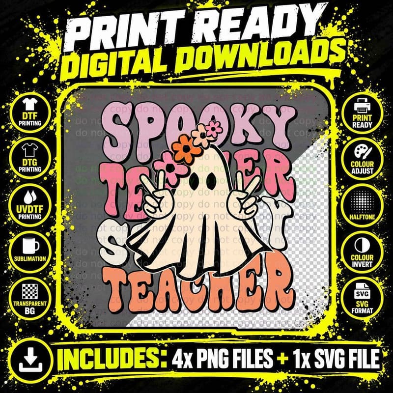 Spooky Teacher Ghost Halloween Groovy Retro Trick or Png SVG Digital Bundle