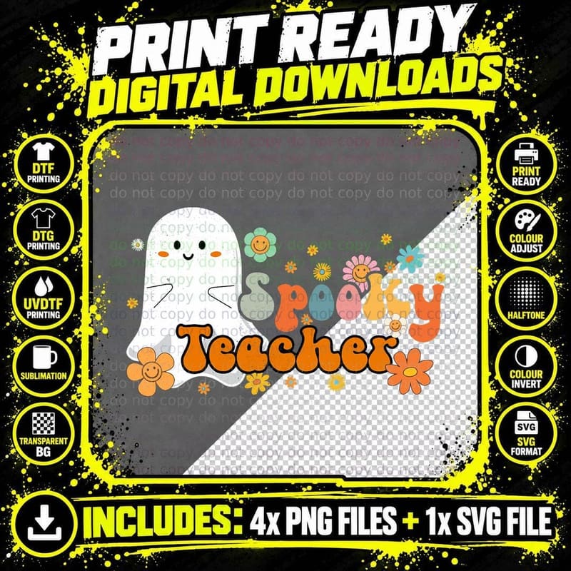 Spooky Teacher Retro Groovy Cute Ghost Halloween T-Shirt Png SVG Digital Bundle