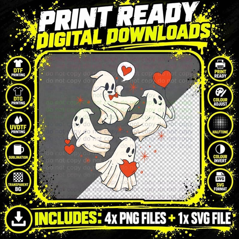 Spooky Valentine's Day Cute Boo Boo Ghost Heart to Heart Png SVG Digital Bundle