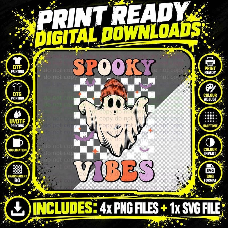Spooky Vibes Ghost Groovy Retro Halloween Trick or Treat Png SVG Digital Bundle
