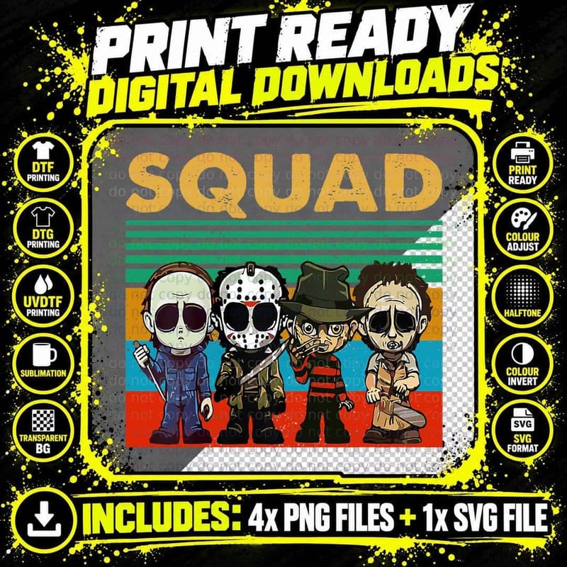 Squad Horror Character Horror Movies Fan Lover Halloween Png SVG Digital Bundle