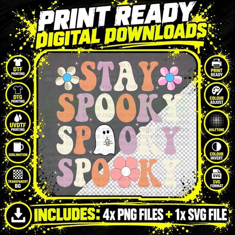 Stay Spooky Funny Ghost Halloween Groovy Retro T-Shirt Png SVG Digital Bundle