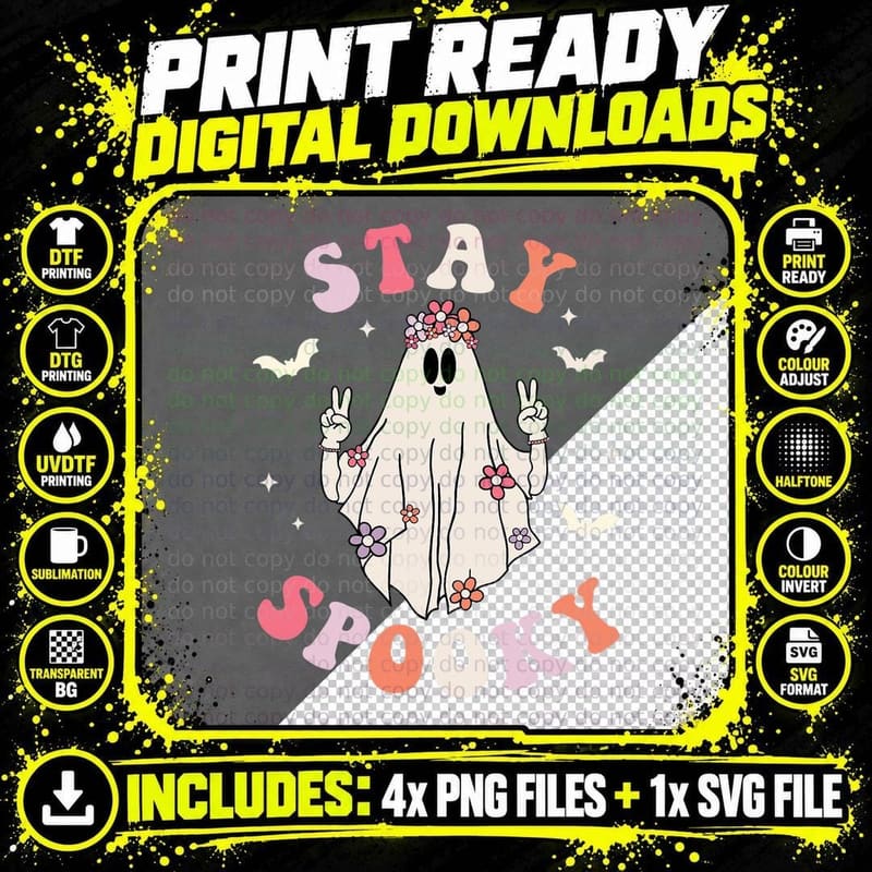 Stay Spooky Retro Halloween Treat or Treat Ghost Girl Png SVG Digital Bundle