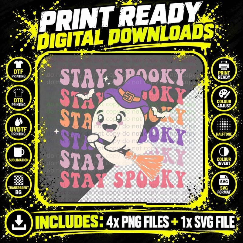 Stay Spooky Season Halloween Groovy Retro Funny Witch Png SVG Digital Bundle