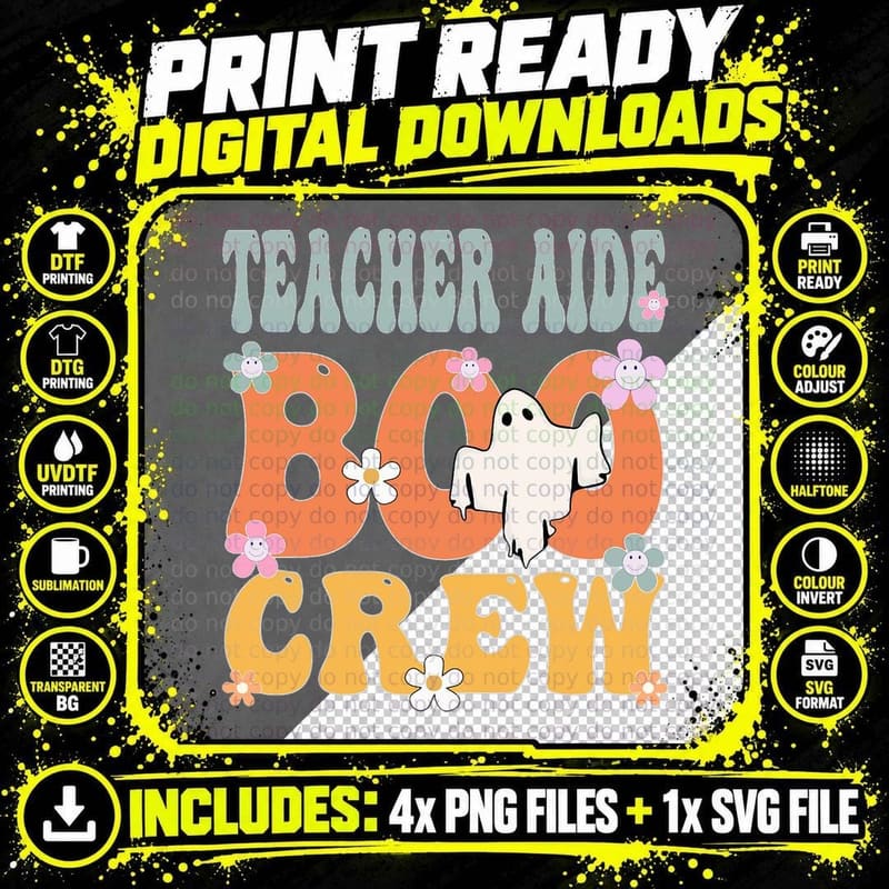 Teacher Aide Boo Crew Ghost Retro Groovy Halloween for Png SVG Digital Bundle