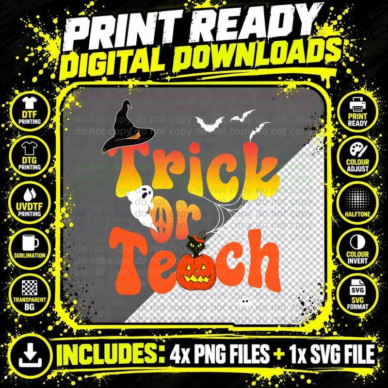 Teachers Halloween Trick or Teach Retro Halloween Png SVG Digital Bundle