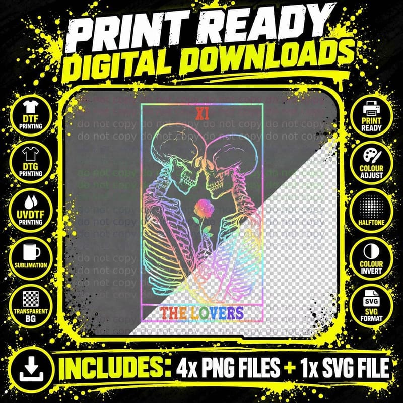 The Lovers Tarot Rainbow Skeleton Gay Lesbian LGBT Pride Png SVG Digital Bundle
