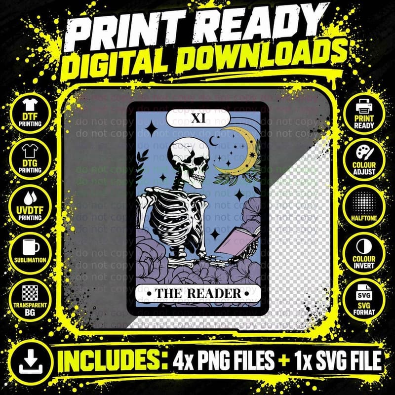 The Reader Tarot Card Skeleton Reading Book T-Shirt Png SVG Digital Bundle