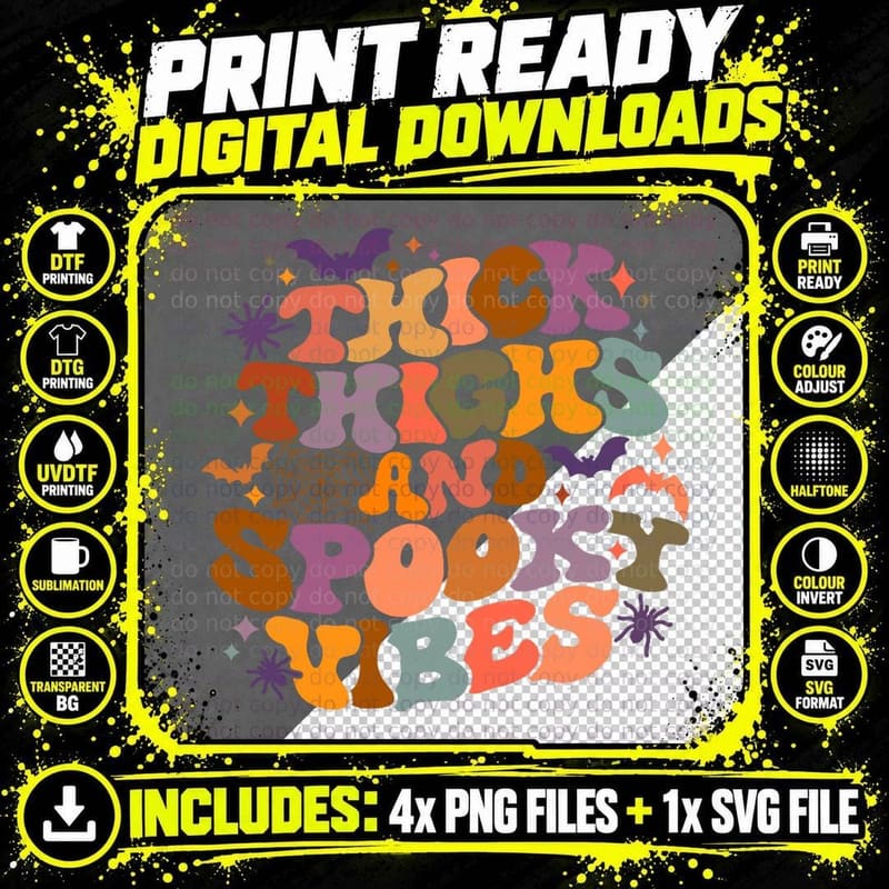 Thick Thighs and Spooky Vibes Retro Spooky Halloween Png SVG Digital Bundle