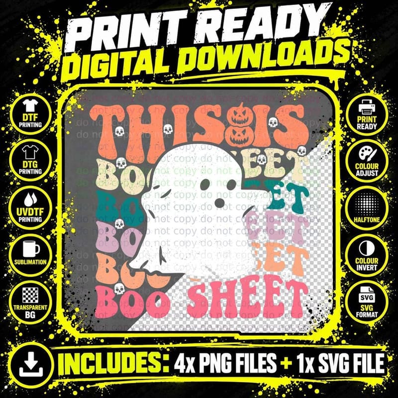 This Is Boo Sheet, Ghost Skull Pumpkin Halloween Retro Png SVG Digital Bundle
