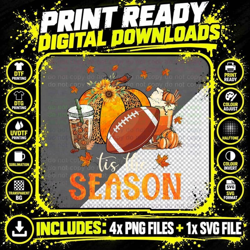 Tis the Season Football and Pumpkin Season Fall Vibes Png SVG Digital Bundle