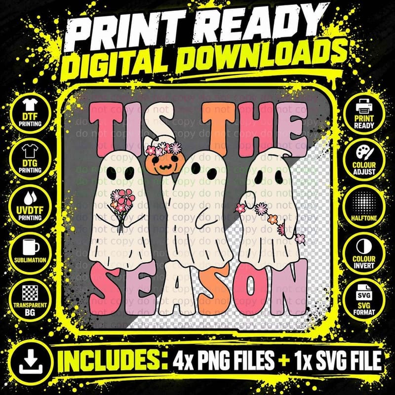 Tis the Season Groovy Ghost with Vintage Flowers Png SVG Digital Bundle
