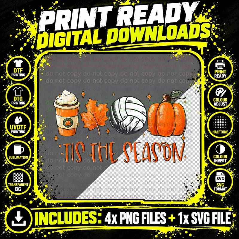Tis the Season Pumpkin Leaf Latte Fall Volleyball T-Shirt Png SVG Digital Bundle