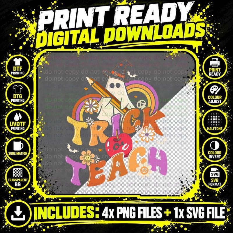 Trick or Teach Floral Groovy Halloween Teacher Retro Png SVG Digital Bundle