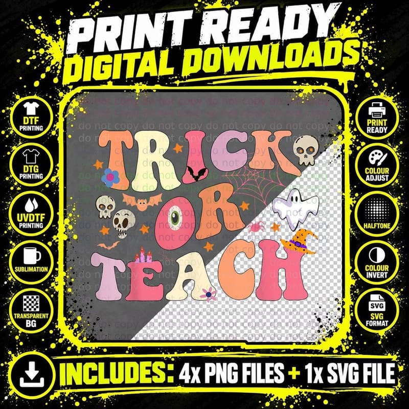Trick or Teach Ghost Teacher Halloween Costume Groovy Png SVG Digital Bundle