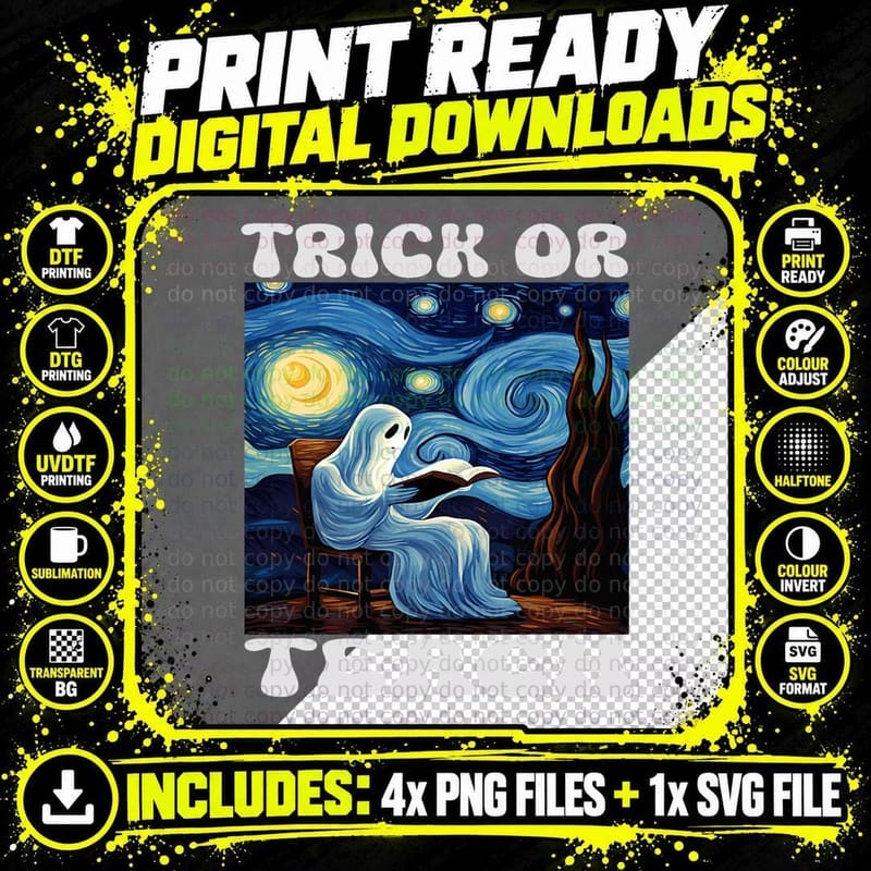 Trick or Teach Ghost Teacher Halloween Van Gogh Starry Png SVG Digital Bundle