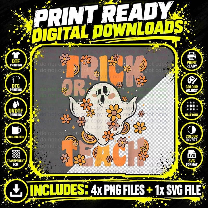 Trick or Teach Groovy Ghost Vintage Flowers Halloween Png SVG Digital Bundle