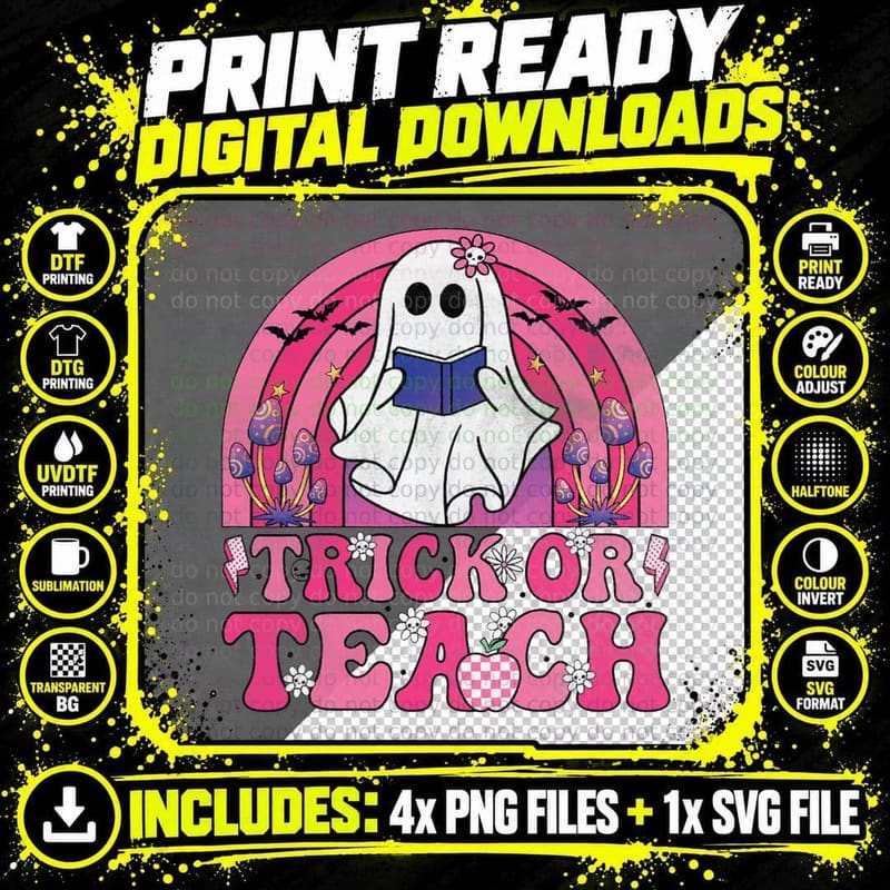 Trick or Teach Groovy Halloween Retro Boo Ghost Teacher Png SVG Digital Bundle