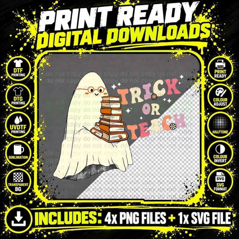 Trick or Teach Retro Groovy Ghost Halloween Teacher Png SVG Digital Bundle
