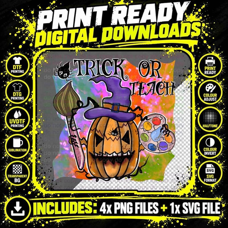 Trick or Teach Retro Groovy Ghost Halloween Teacher Png SVG Digital Bundle
