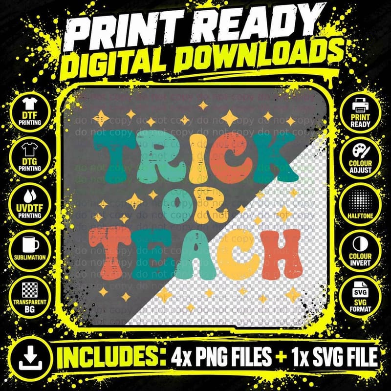 Trick or Teach Stars Groovy Retro Halloween Costume Png SVG Digital Bundle
