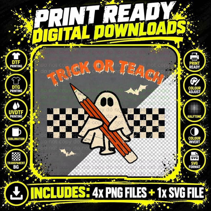 Trick or Teach Teacher Retro Vintage Groovy Ghost Png SVG Digital Bundle