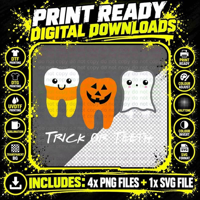 Trick or Teeth Cute Dental Halloween Hygienist Dentist Png SVG Digital Bundle