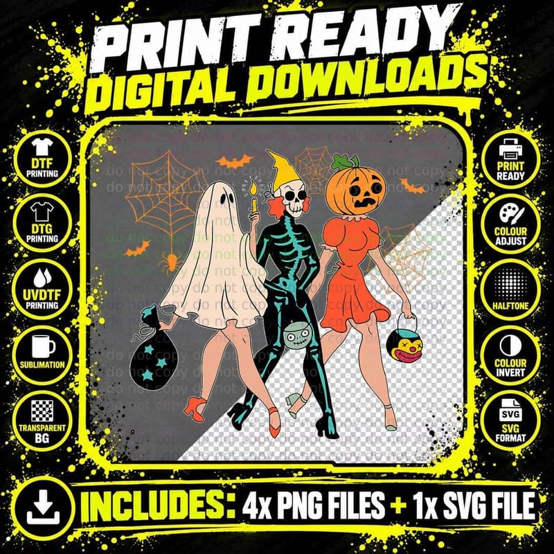 Trick or Treat Halloween Spooky Three Girls Ghost Png SVG Digital Bundle