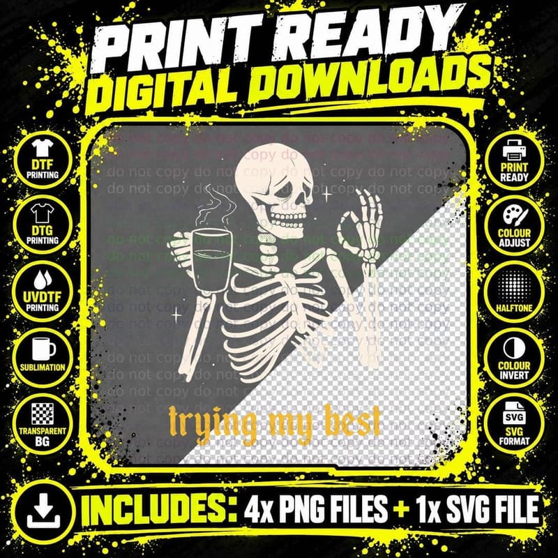 Trying My Skeleton Coffee Funny Retro Vintage Halloween Png SVG Digital Bundle
