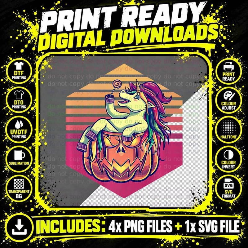 Unicorn Witch Halloween Retro Vintage T-Shirt Png SVG Digital Bundle