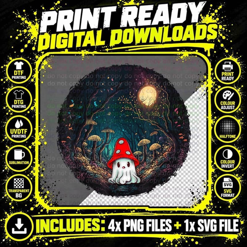 Vintage Cute Ghost Mushroom Forest Halloween Gothic Png SVG Digital Bundle