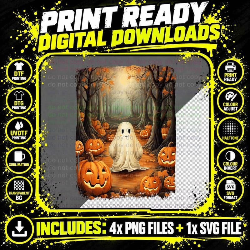 Vintage Cute Ghost Pumpkin Forest Halloween Gothic Png SVG Digital Bundle