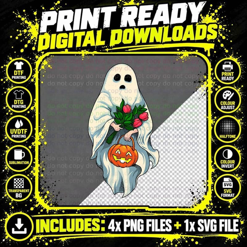 Vintage Floral Ghost Halloween Costume Graphic for Men Png SVG Digital Bundle