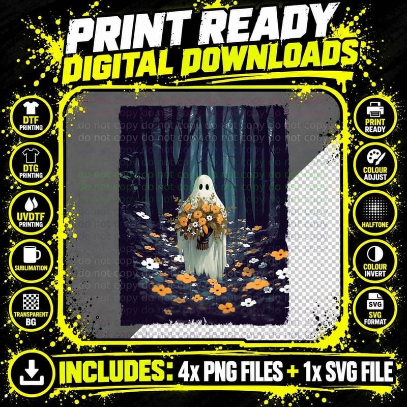 Vintage Floral Ghost in the Forest Halloween Spooky Png SVG Digital Bundle