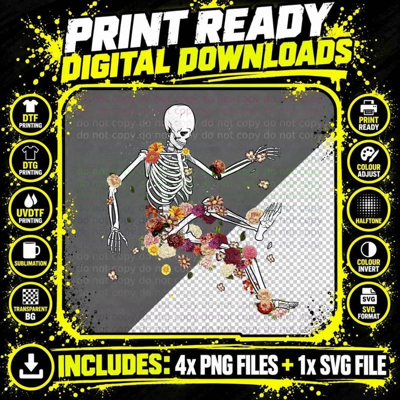 Vintage Flower Skeleton T-Shirt Png SVG Digital Bundle