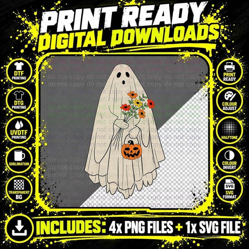 Vintage Ghost Halloween Pumpkin - Funny Halloween Png SVG Digital Bundle