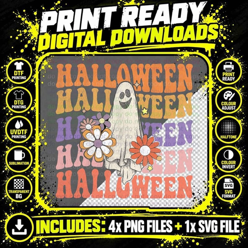 Vintage Groovy Happy Halloween Retro Ghost Floral Hippie Png SVG Digital Bundle