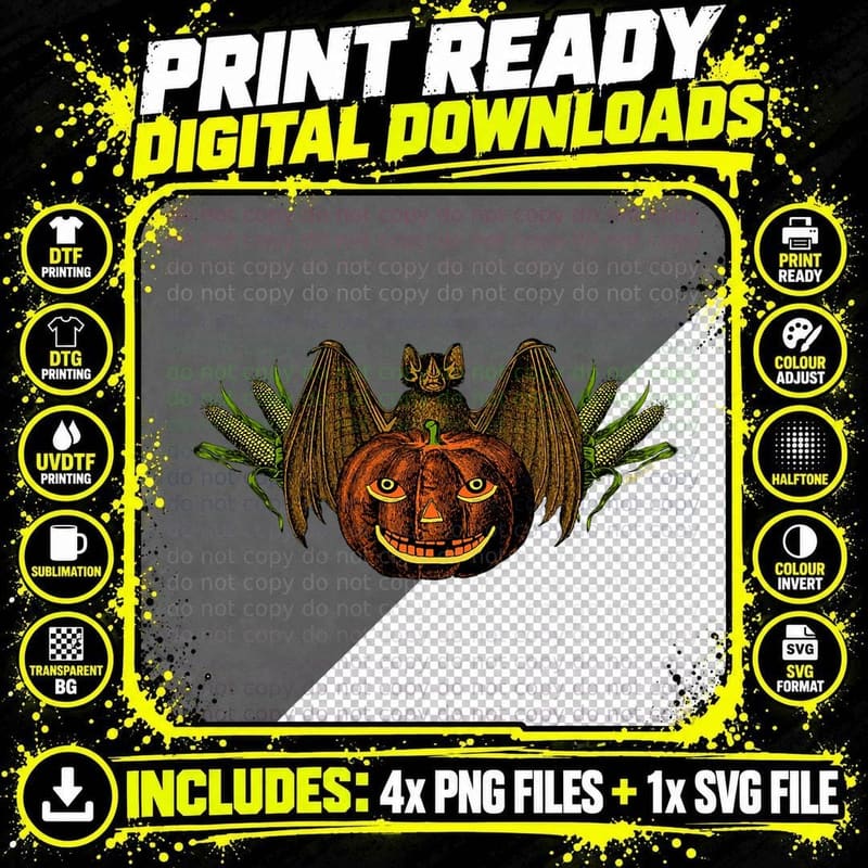 Vintage Halloween Design with Jack-O'-Lantern and Bat Png SVG Digital Bundle