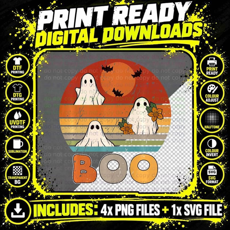Vintage Halloween Ghost Groovy Retro 70s Happy Halloween Png SVG Digital Bundle