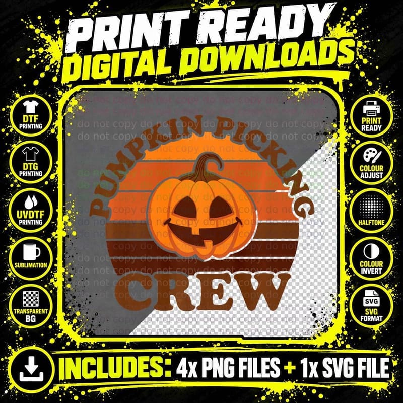 Vintage Halloween Jack O'lantern Pumpkin Picking Crew Png SVG Digital Bundle