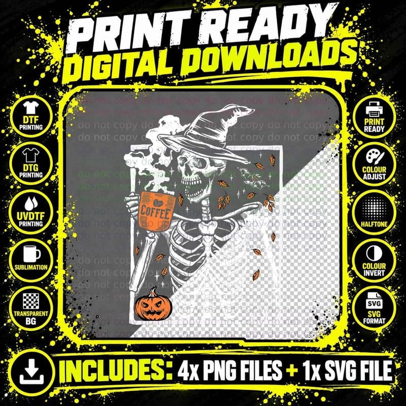 Vintage Halloween Skeleton Drinking Coffee Smiling Skull Png SVG Digital Bundle