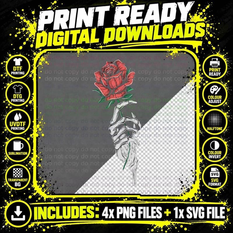 Vintage Halloween Skeleton Hand with a Rose Flower Png SVG Digital Bundle