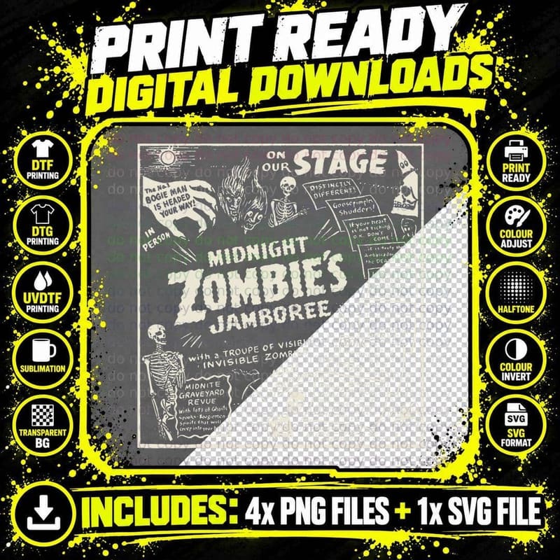 Vintage Halloween Skeleton Horror Movie Midnight Zombie Png SVG Digital Bundle