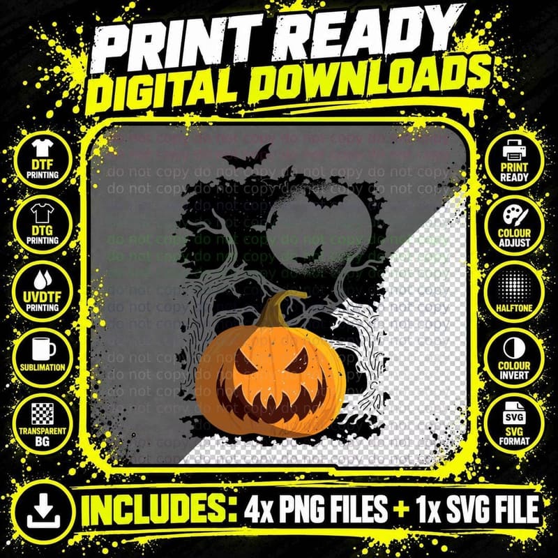 Vintage Halloween T-Shirt with Scary Jack O Lantern & Png SVG Digital Bundle
