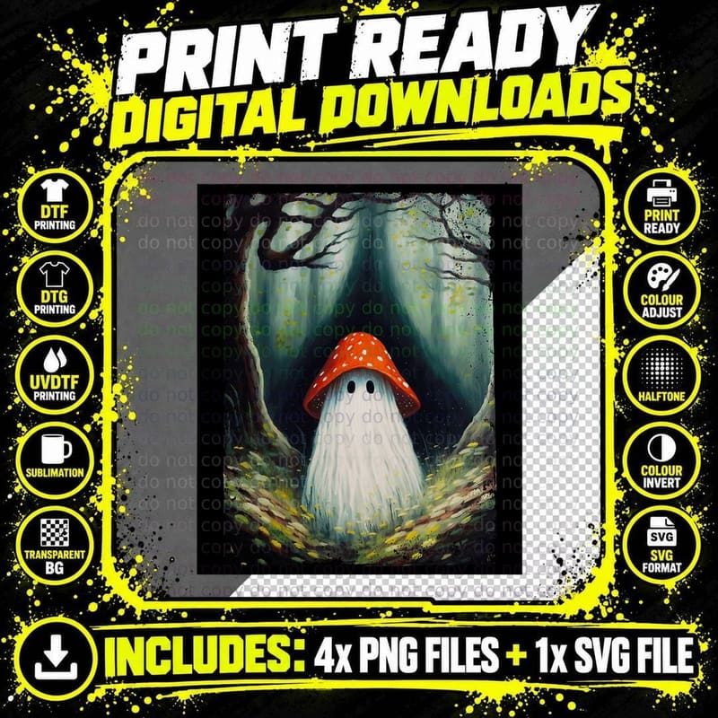 Vintage Mushroom Ghost Halloween Ghost in the Forest Png SVG Digital Bundle