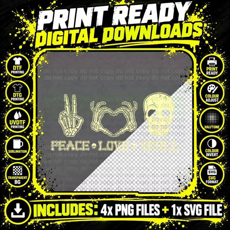 Vintage Peace Love Halloween Skull Skeleton Hippie Png SVG Digital Bundle