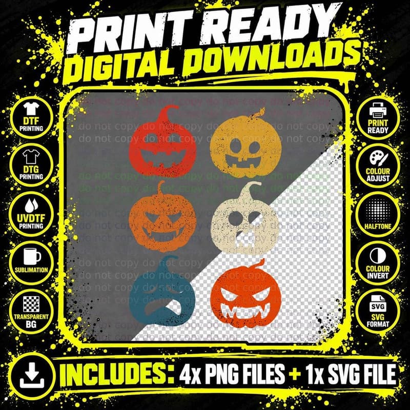 Vintage Pumpkin Halloween Jack-O-Lantern Retro Style Png SVG Digital Bundle