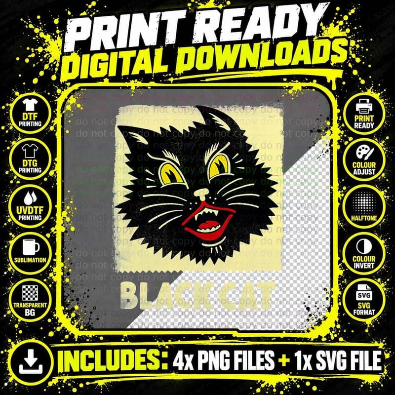 Vintage Retro Black Cat Halloween Gift T-Shirt Png SVG Digital Bundle