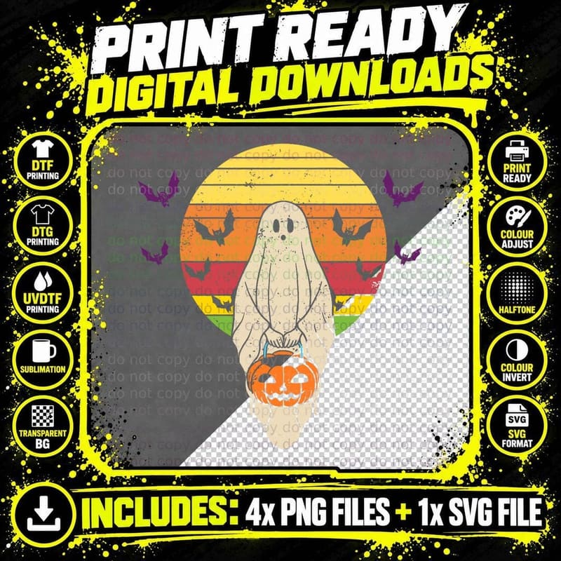 Vintage Retro Ghost Halloween Treat or Trick T-Shirt Png SVG Digital Bundle