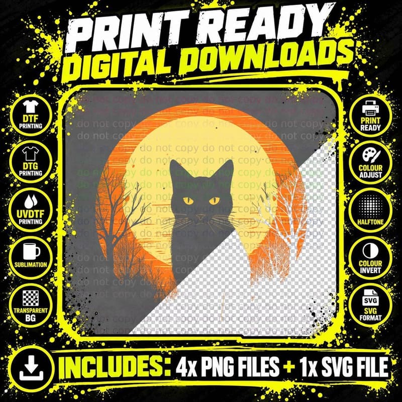 Vintage Scary Halloween Black Cat Costume Retro Moon Cat Png SVG Digital Bundle